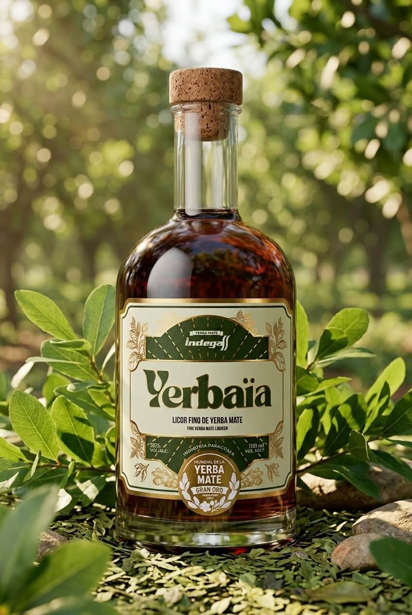 Botella de Licor de Yerba Mate Yerbaïa junto a un trago servido con hielo y limón