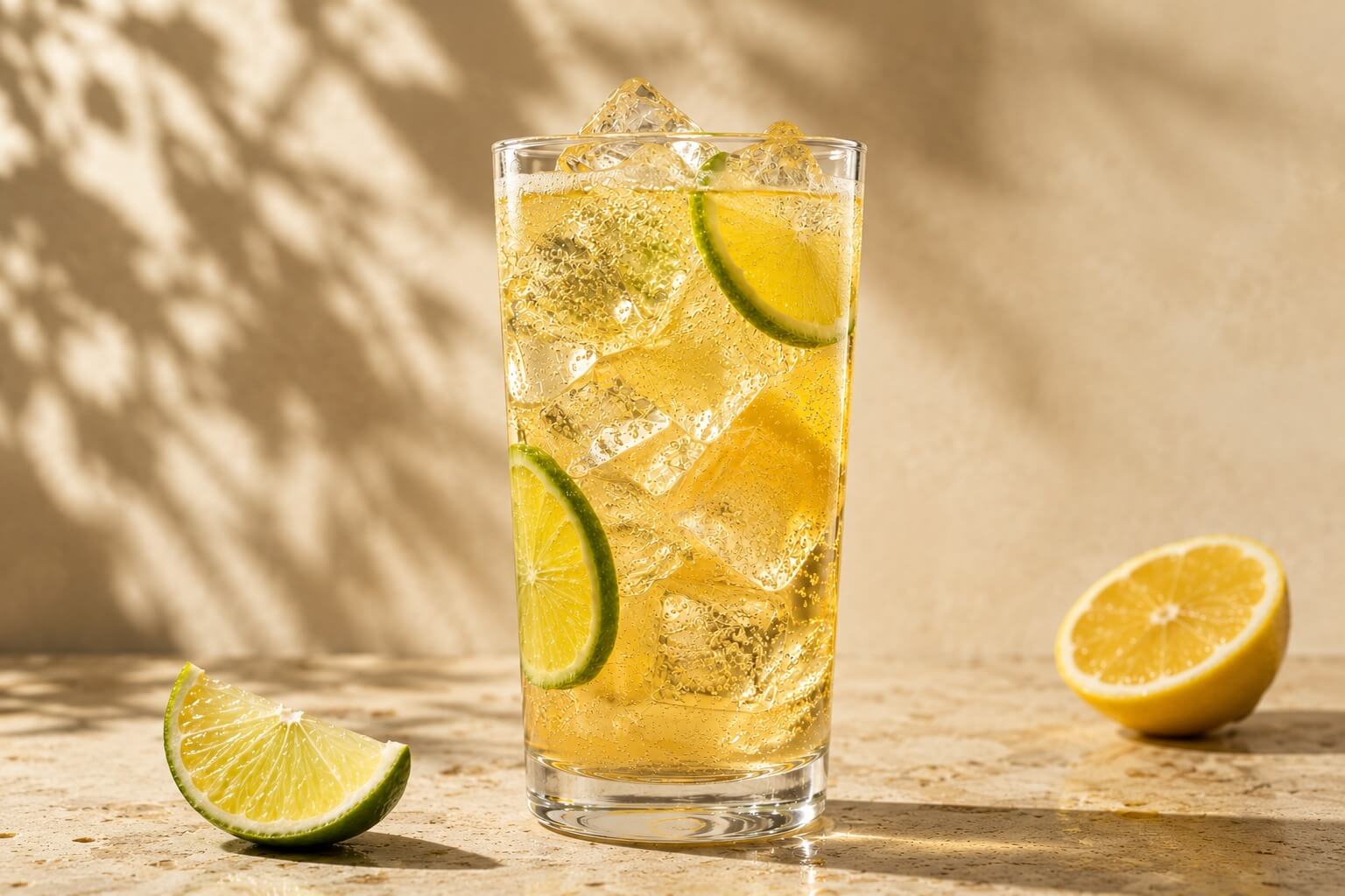 Mate Tonic Citrus servido en vaso con hielo y limón junto a la botella de Yerbaïa