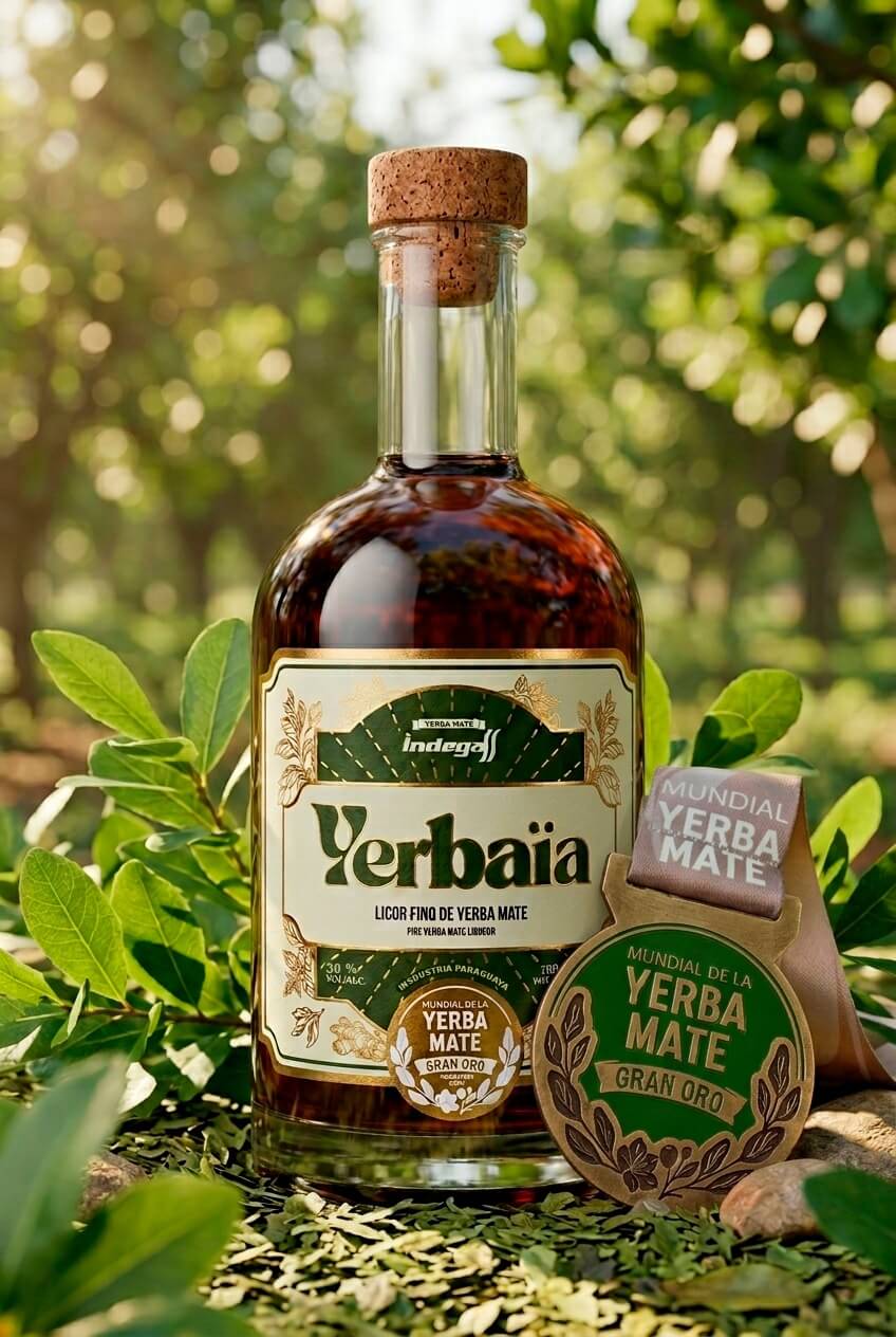 Botella de Licor de Yerba Mate Yerbaïa junto a un trago servido con hielo y limón